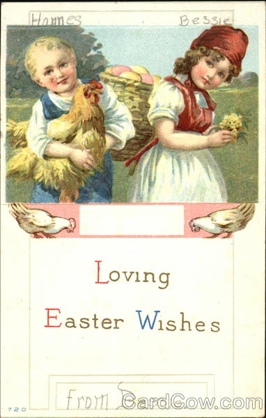 A Boy Holding a Hen with a Girl holding flowers and carrying a basket of eggs