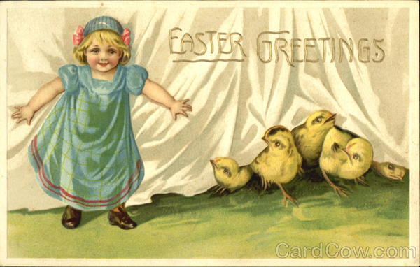 Girl in front of curtain, five chicks peeking out With Children