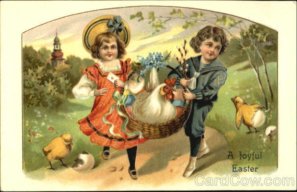 Children Carrying a Basket with Chickens With Children
