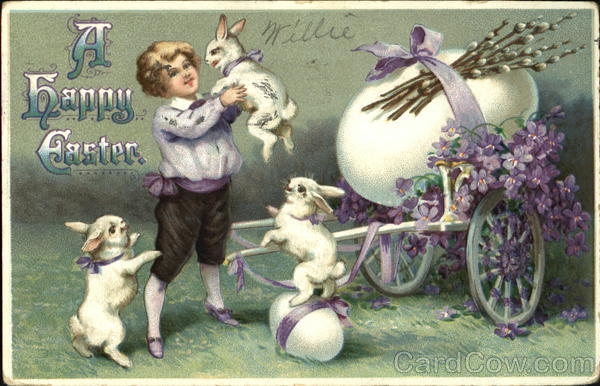 Young boy, white rabbits and a flowered cart Eggs