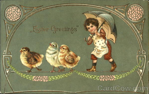 Girl with umbrella & 3 chicks With Chicks