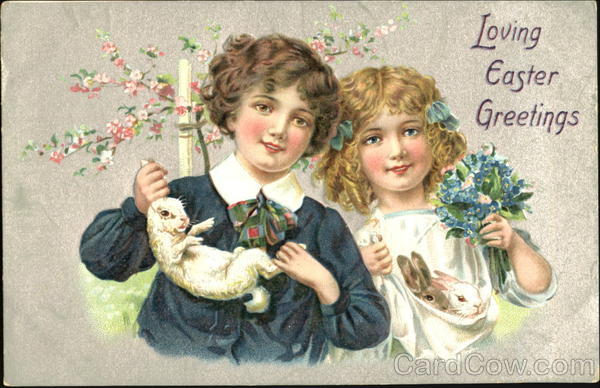Boy and girl with bunnies and flowers With Children