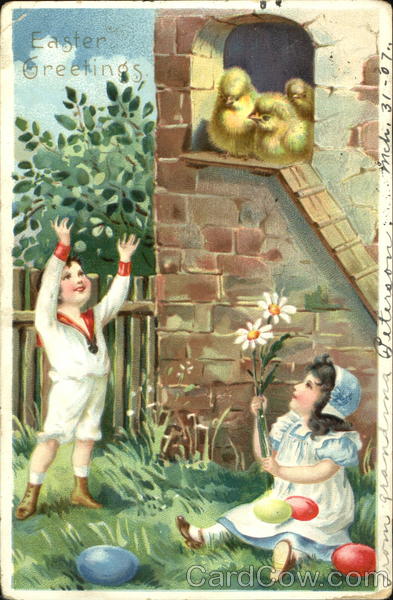 Boy and girl looking at chicks in window With Children