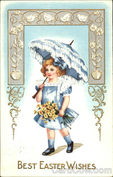 Girl in blud dress, blue umbrella with white ruffles