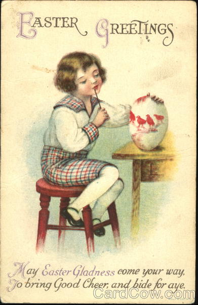 Girl painting chicks on an egg Ellen Clapsaddle With Chicks