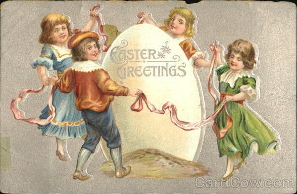 Four children dancing around a huge egg With Children