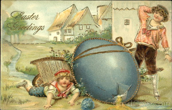 Two Children and a Broken Blue Easter Egg With Children