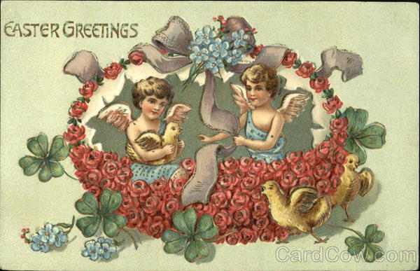 Two Angels Sitting in a Flowered Basket With Angels