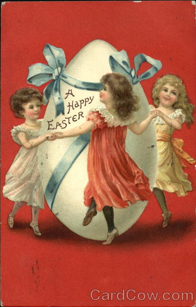 Three girls dancing around a big Easter egg With Children