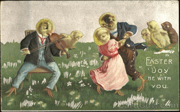 Chicks in clothes, 1 playing violin, 2 dancing + 4 little chicks