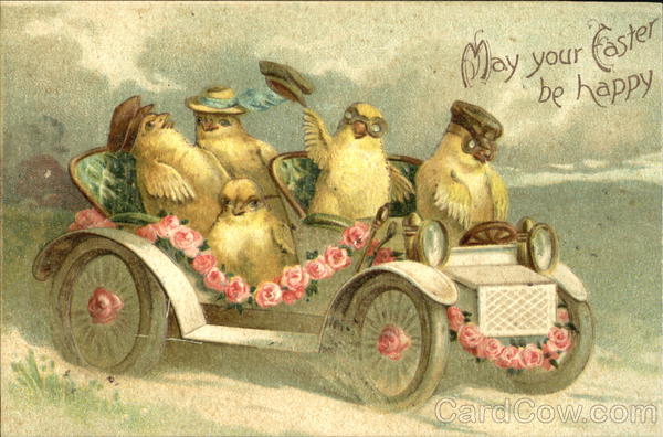 Five Chickens Riding in a Flower Decorated Car With Chicks