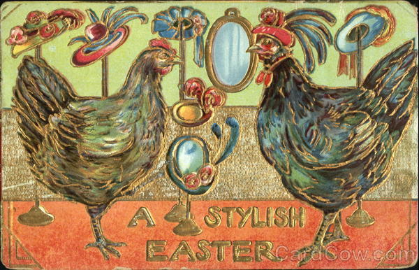 Hen and Rooster in hat shop With Other Animals