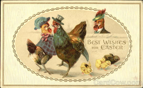 Two roosters and hen in clothing with three chicks