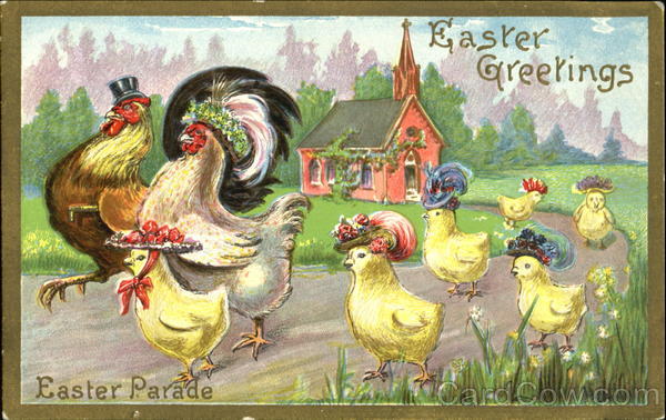 Chick family, father in black hat, mother & chicks in hats, church