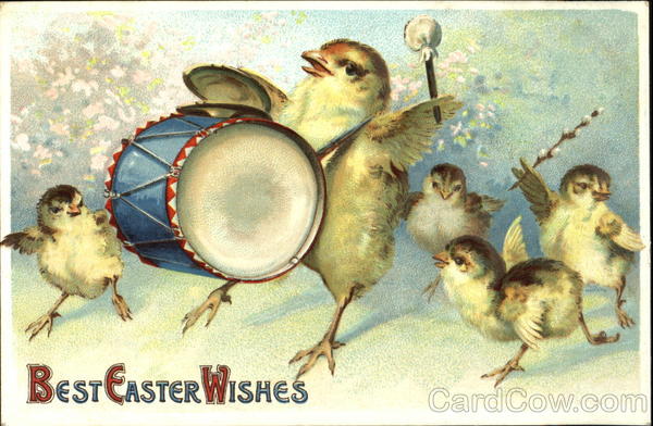 Chick playing drum and four baby chicks With Chicks