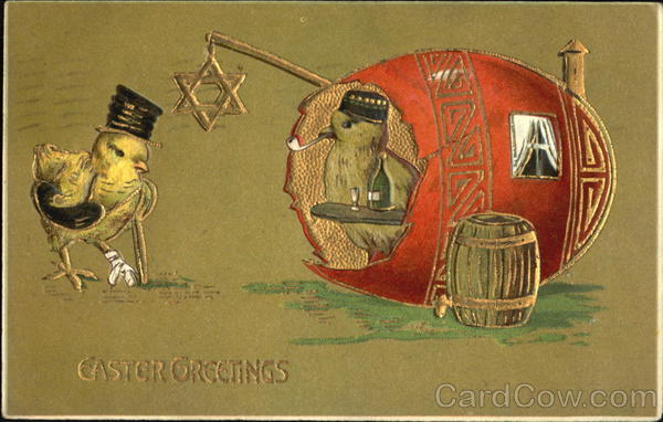 Chick with crutch approaching egg with chick and Star of David