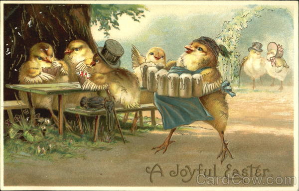 Chick carrying beer mugs serving chicks playing cards