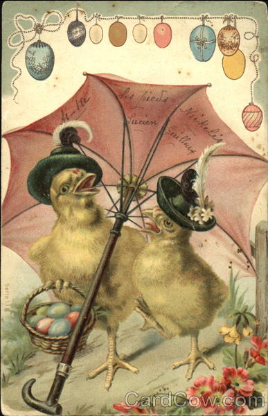 Two Chicks Under a Pink Umbrella With Chicks