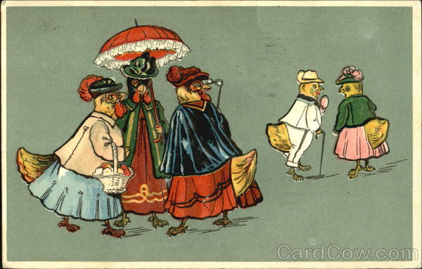 Three older women chickens look disapprovingly at man and woman chicken couple