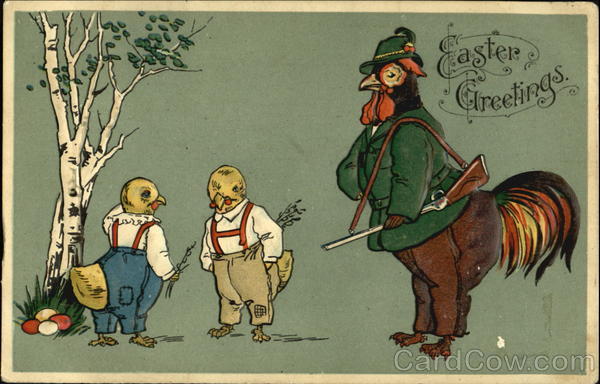 Rooster with gun, 2 chicks in pants with suspenders