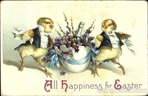 Two chicks in shirt and vest carrying cracked egg with wine bottle