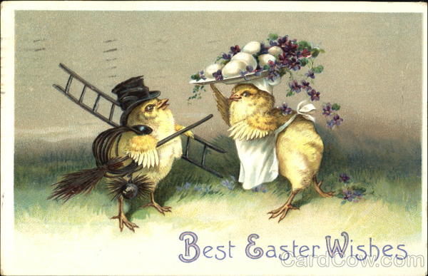 A chick dressed as a chimney sweep talks to a chick dressed as a maid