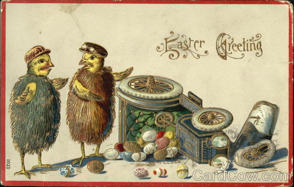 Two chicks looking at an overturned car with eggs With Chicks