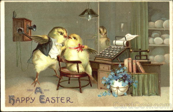 Chick couple, female sitting at desk with typewriter