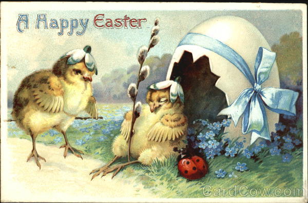 Two chicks, ladybug, cracked egg with blue ribbon With Chicks