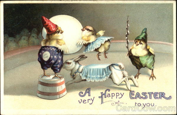 3 chicks, and bunny, in circus ring With Chicks