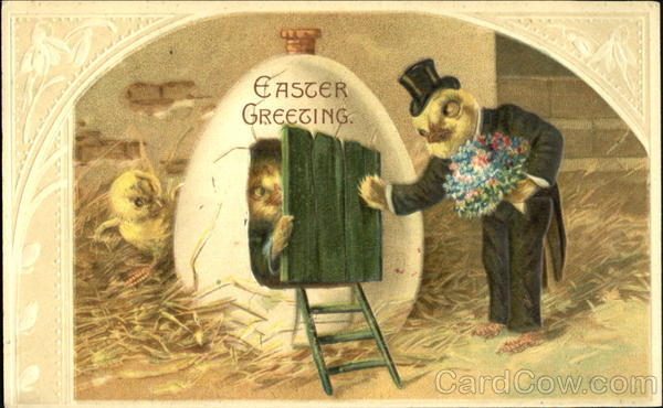 Chick in tux with flowers, knocking on door of eg With Chicks