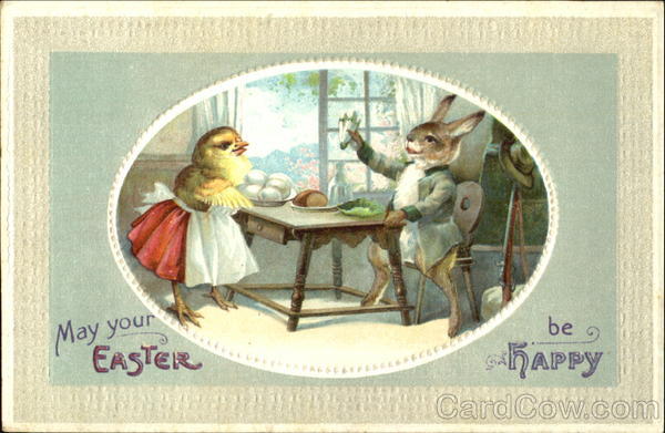 Chick and Bunny at a Table With Chicks