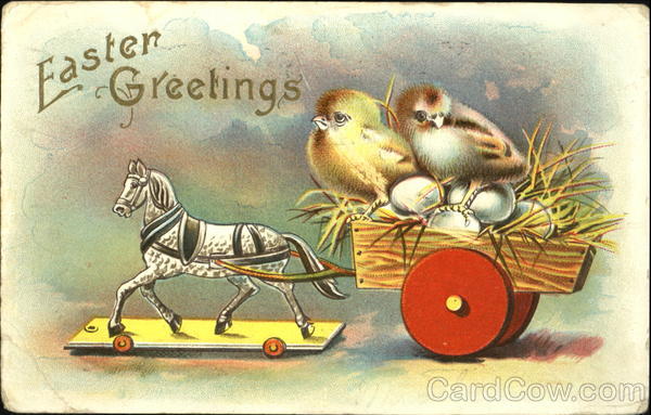 Chicks and eggs being pulled by a toy horse With Chicks