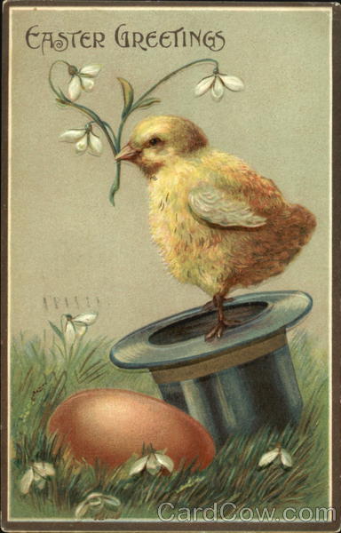 Chick holding a sprig of flowers on top hat next to pink egg