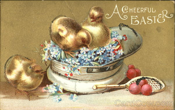 3 chicks in blue/white flowers in an upside down cap