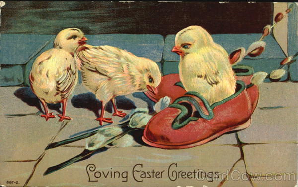 Three Easter Chick and Red Slippers With Chicks