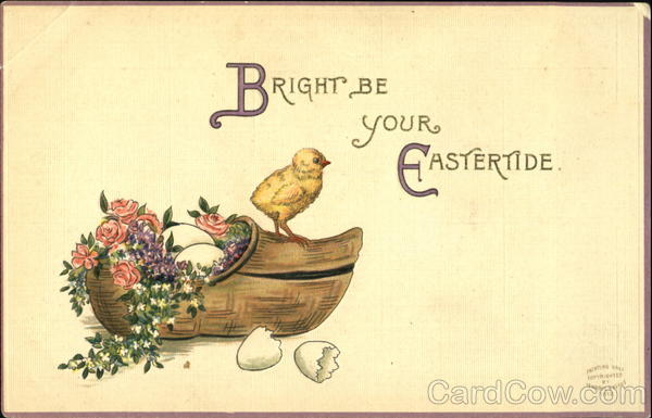 Easter Chick Standing on a Wooden Shoe With Chicks