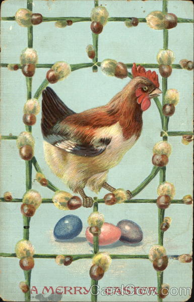 Rooster on a Trellis With Chicks