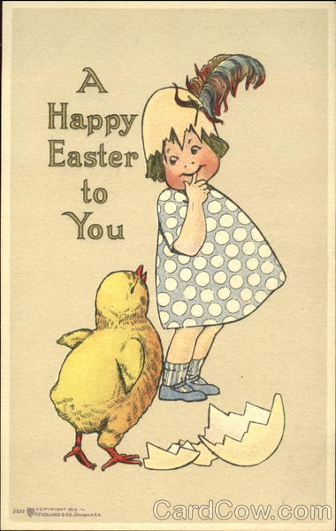 Girl with finger in mouth, 1/2 egg on head, chick With Children