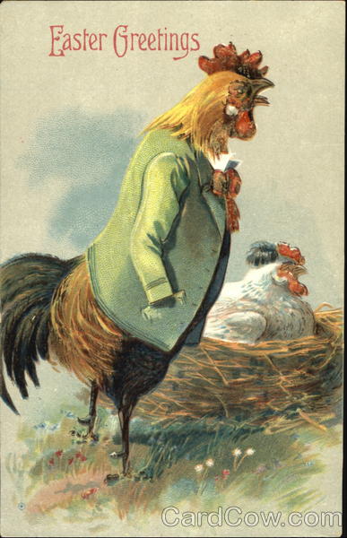 Rooster in Green Coat With Chicks