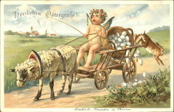 A cupid driving a cart which is pulled by a lamb as rabit jumps from the back Postcard