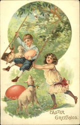 Girl pushing boy, lamb, and bunny on a swing Postcard