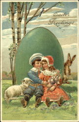 Girl in red, boy in blue, lamb, in front of big green egg With Children Postcard Postcard