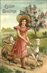 Girl leading a lamb, chicks, rooster and easter egg cart Postcard