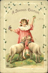 Little Girl in Pink and Two Lambs Postcard