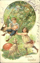 Girl Pushing a Boy on a Swing Postcard