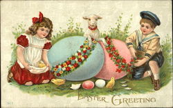 Boy, Girl, and Lamb with Eggs Postcard