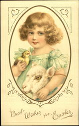 Pretty girl with chick and lamb Postcard