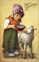 Girl holding bowl, next to lamb Postcard