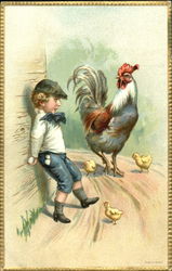 Boy with stolen eggs hiding from rooster Postcard